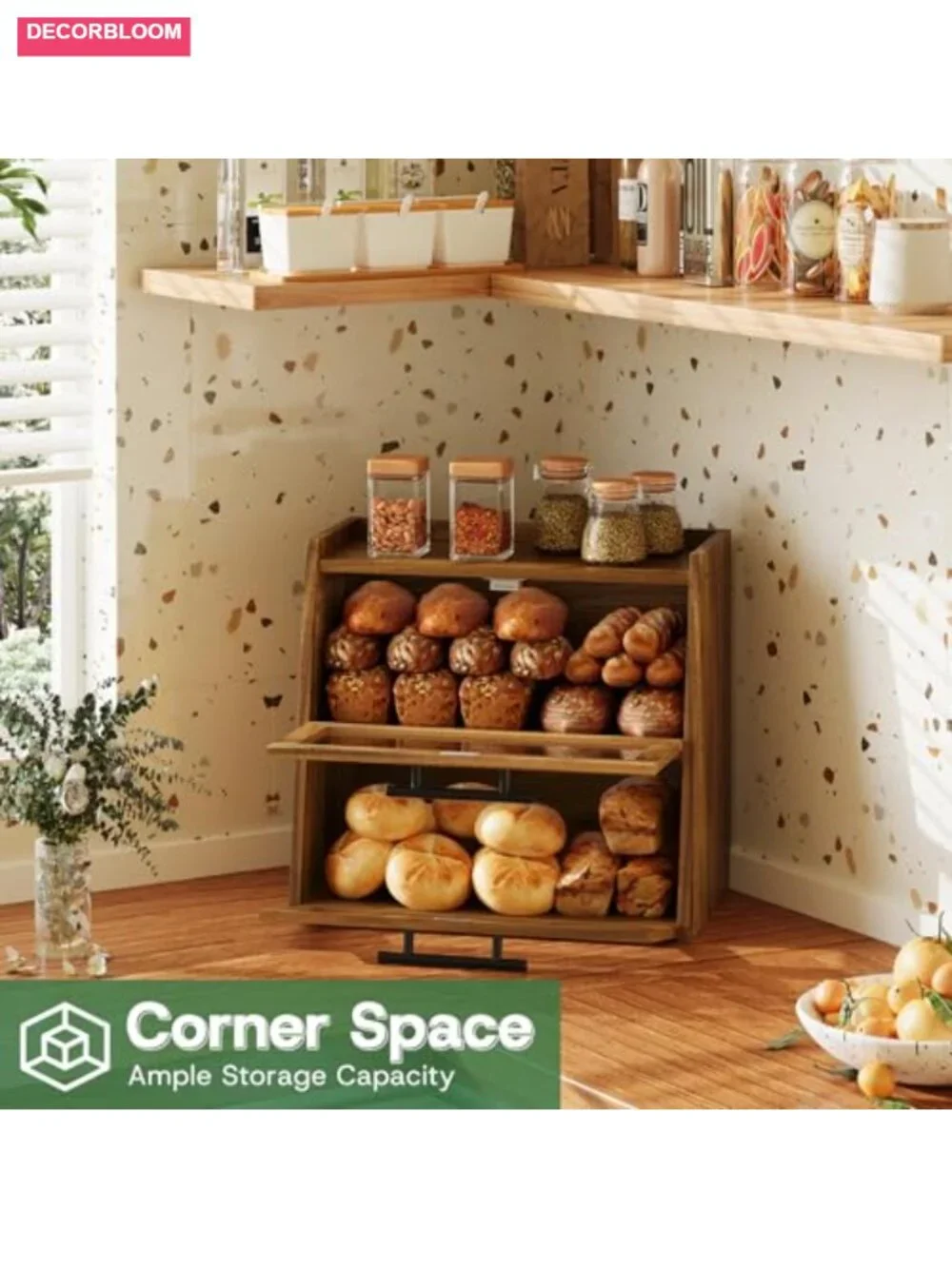 Large Acacia Wood Bread Box with Wavy Acrylic Door, 2-Tier Storage for Kitchen